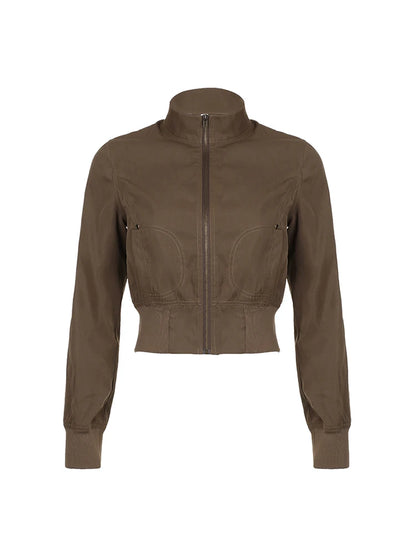 Brown Zip Up Stand Collar Pockets Long Sleeve Cargo Jackets Women Vintage Casual Streetwear