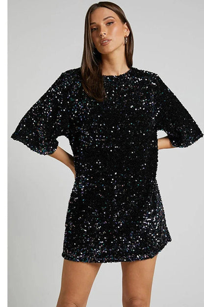 Backless Short-Sleeved Loose Mini Dress with Straps