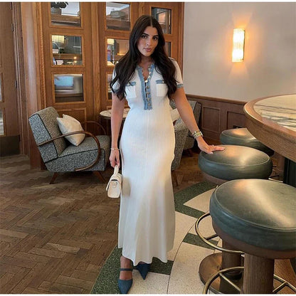 Denim Patchwork V-Neck Short Sleeve Button Bodycon Work Dress