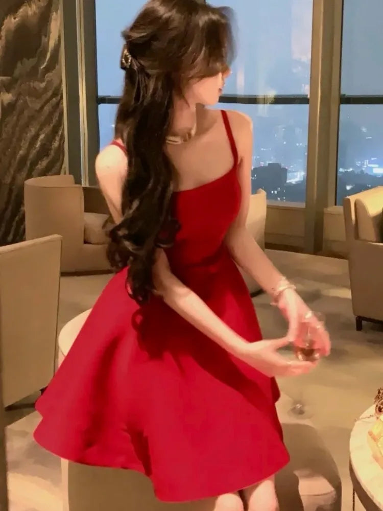 Elegant Short Dresses for Women Summer New Solid Spaghetti Strap A-line Evening Party Dress Prom Chic Clothing Vestidos Mujer