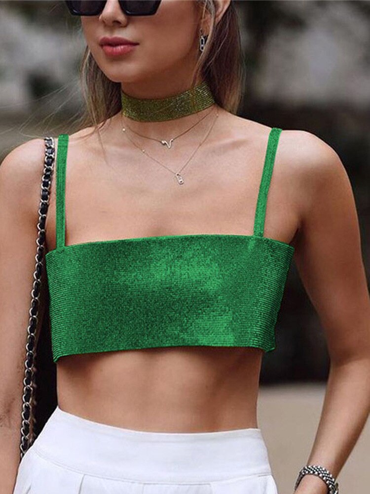 Glitter Club Crop Top Off Shoulder Tank Cami Clothing Super Short Party Night Shiny Bling Sleeveless Tube Tops Y2K
