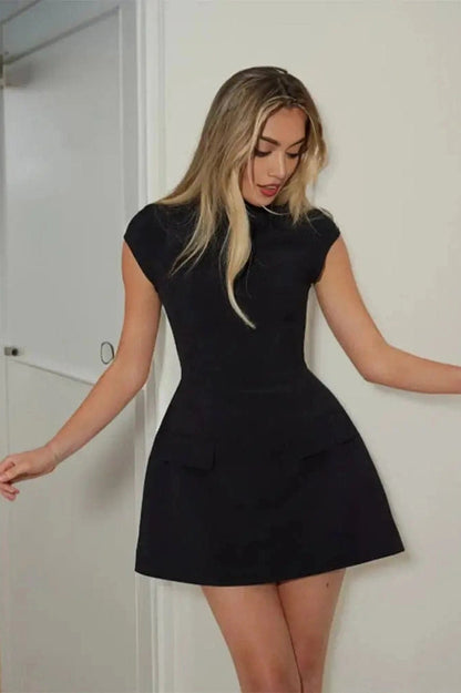 Short Sleeve Mini Dress with O-Neck and High Waist