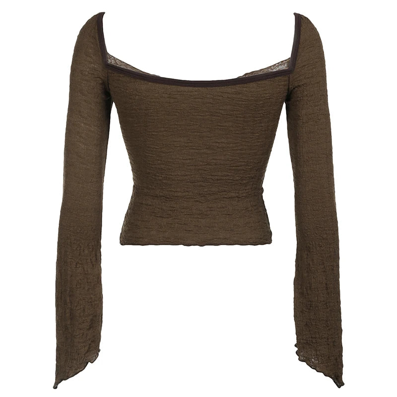 Hotsweet Lace Trim V-Neck Brown Long Sleeve Blouses Bow Lace Up Flared Sleeve Slim Chic Y2k Autumn New T-Shirt