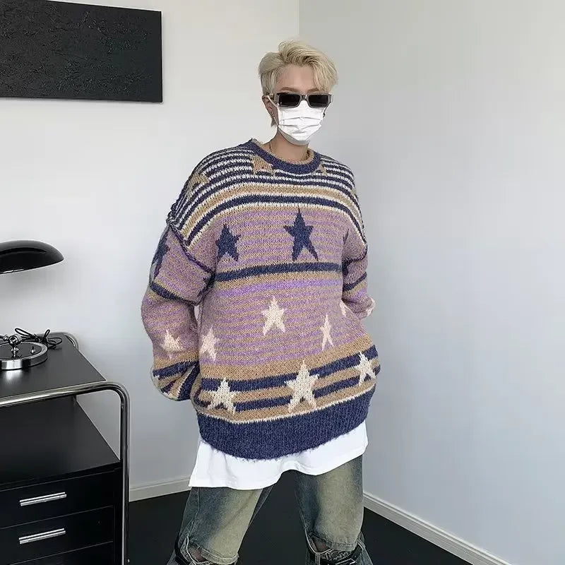 Voguable Y2K Star Sweater Harajuku Striped Knitted Pullovers Jumpers Tops Oversize Purple Winter Streetwear Hip Hop