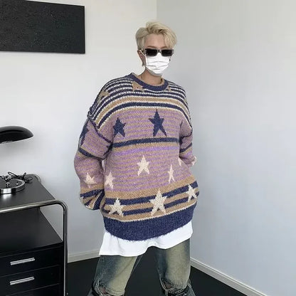 Voguable Y2K Star Sweater Harajuku Striped Knitted Pullovers Jumpers Tops Oversize Purple Winter Streetwear Hip Hop