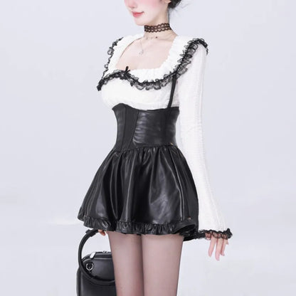 Y2K Two-piece Skirt Set Lace Square Collar Long Sleeve Top High Waist Halter Mini Skirt Korean Fashion Kawaii Sexy Outfits New