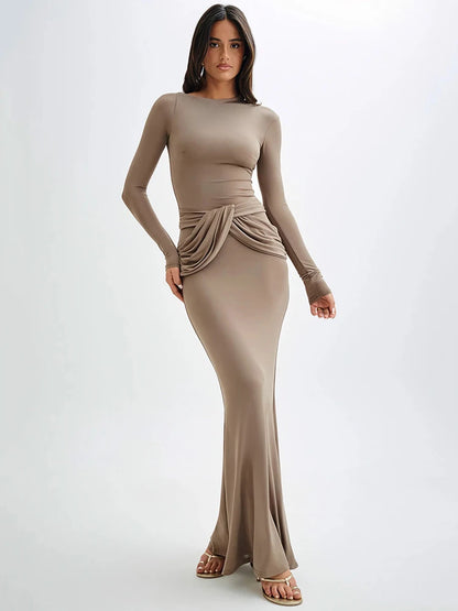 Diagonal Collar Long Sleeve Maxi Dress For Women Autumn Winter New Solid High Waist Ruched Bodycon Sexy Long Dress