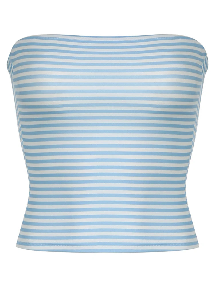 Sweetown Blue Stripe Basic Simple Sleeveless Crop Tops Women Strapless Tube Top Y2K Girl 2000s Summer Cute Streetwear Vest