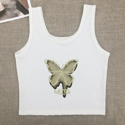 Pure wind short short sleeve female Korean spice girl round neck print wearing top with shoulder slimming T-shirt trend