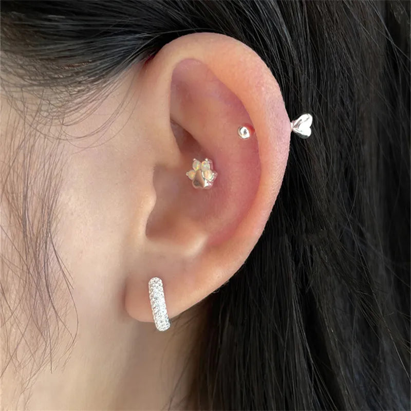 Korean Silver Color Piercing Screw Beads Star Heart Ear Bone Stud Earrings for Women Girls Simple Body Jewelry Gift