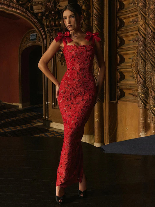 Bows Lace Sexy Maxi Dress For Women Fashion Sleeveless Backless Bodycon New Year’s Birthday Club Party Long Dress