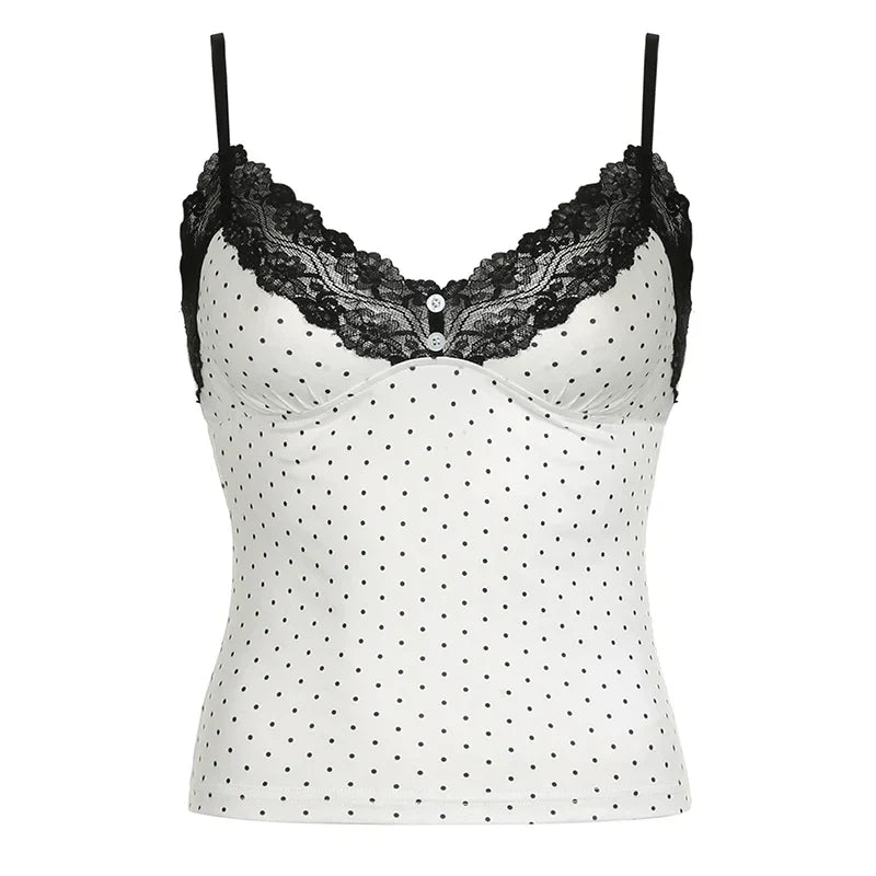 Voguable  Y2K Polka Dot Crop Top Buttons Contrast Lace Patchwork V-neck Camisole Coquette Casual Basic Tank Tops All-match