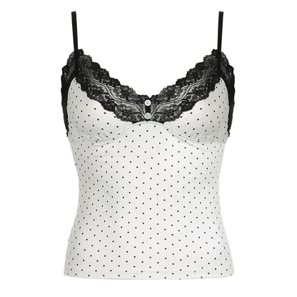Voguable  Y2K Polka Dot Crop Top Buttons Contrast Lace Patchwork V-neck Camisole Coquette Casual Basic Tank Tops All-match