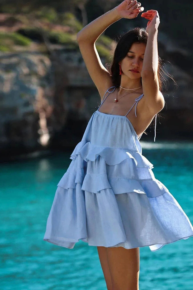 Sleeveless A-Line Backless High Waist Mini Dress with Straps