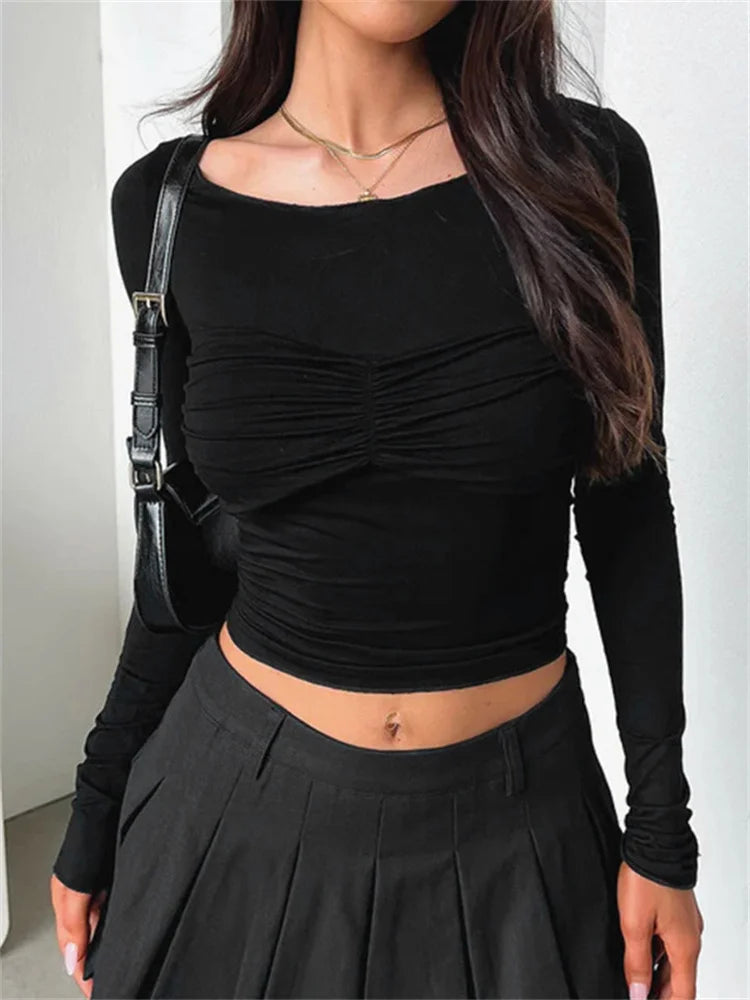 Pleated Casual Long Sleeve T-shirt Top Female Slim Cropped Patchwork Solid Fashion High Waist Pullover Women’s Summer Tee