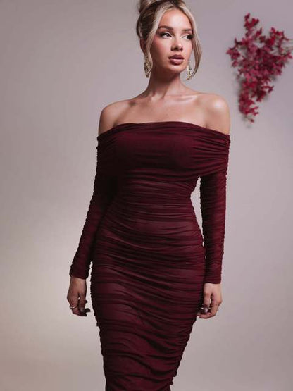 Elegant One Shoulder Mesh Patchwork Long Sleeve Party Evening Dress Women Sexy Bodycon Vestdos Autumn/Winter Clothing