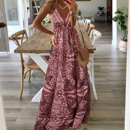 2025 Spaghetti Strap Dresses For Women Vintage Printed Bohemian Style Beach Dress Fashion Sexy V-neck Lady Maxi A-line Vestidos