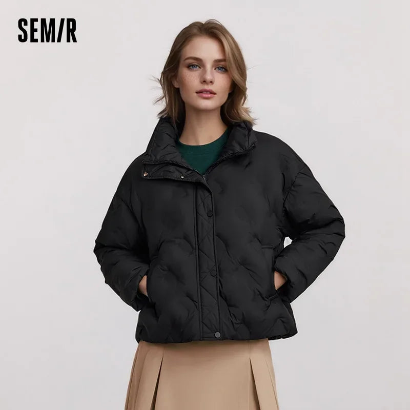 Down Jacket Women Thin Houndstooth Loose  New Winter Waterproof Windproof Stand-Up Collar Wear Down Jacket