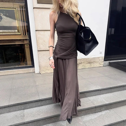 Fashion Ribbon Ruffles Slim Dress For Women Sleeveless Streetwear Long Solid Dress Autumn Lady Club Party Maxi Vest Dress