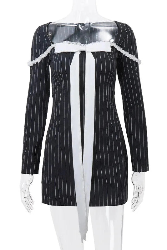 Stripe Print Square Neck Long Sleeve A-Line Mini Dress