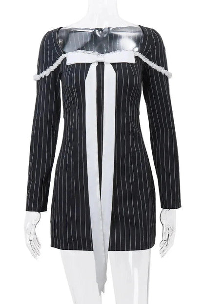 Stripe Print Square Neck Long Sleeve A-Line Mini Dress