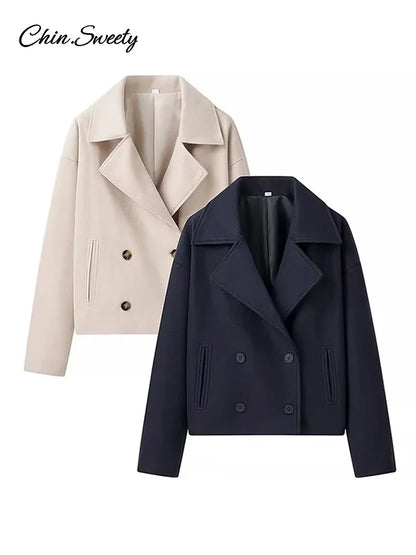 Loose Woolen Blends Coat Women Solid Lapel Double Breasted Pockets Jackets  Autumn Winter Fashion Lady Office Outwear New