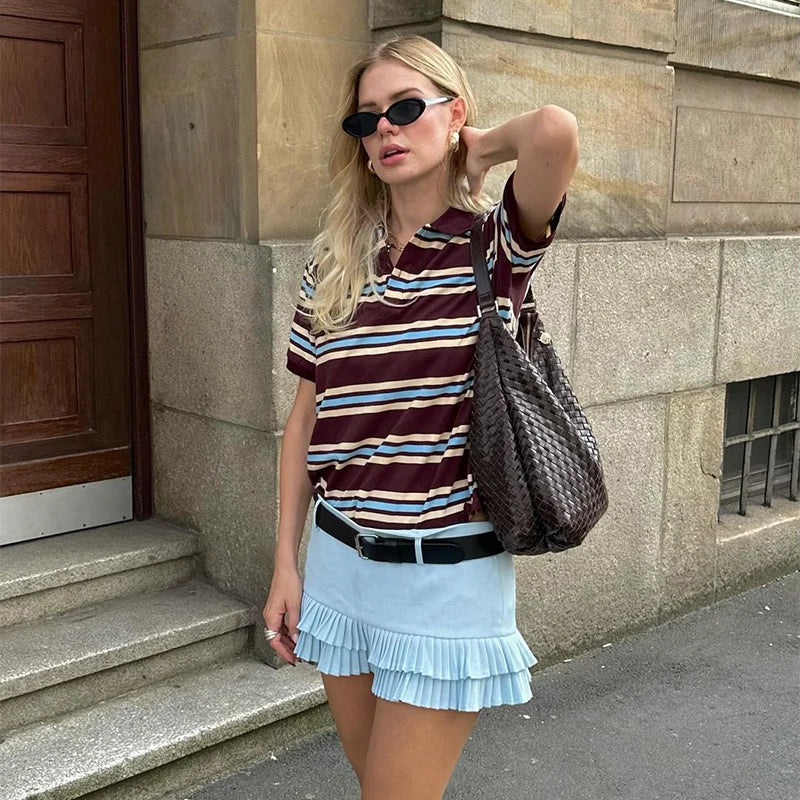 Fashion Stripe Women's T-shirt Casual Short Sleeve Female All Match Polo Shirts Summer New Ladies Loose Tops High Street