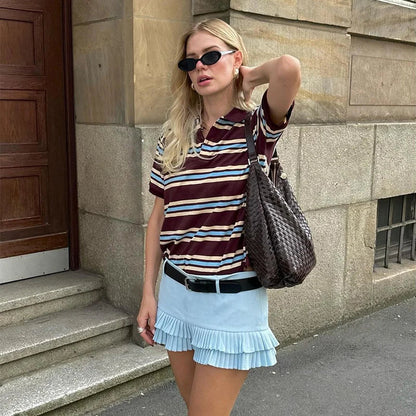 Fashion Stripe Women's T-shirt Casual Short Sleeve Female All Match Polo Shirts Summer New Ladies Loose Tops High Street