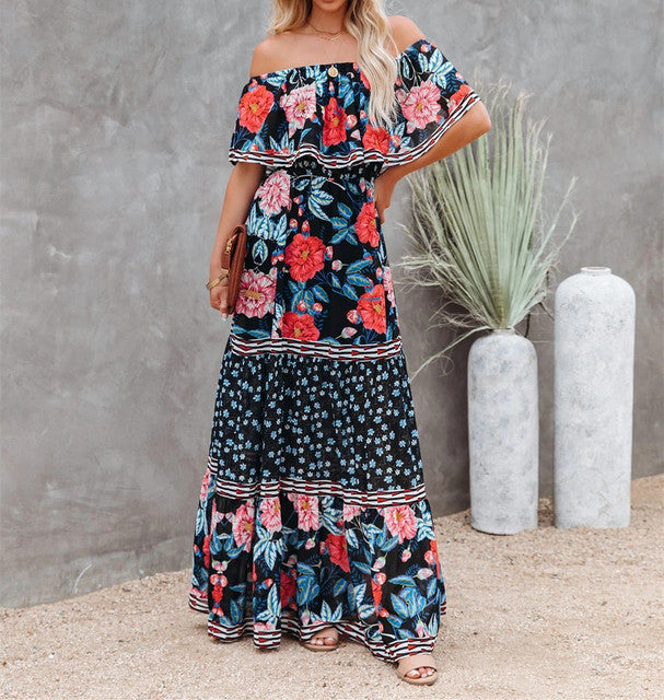 Flower Print Off Shoulder Long Dresses For Women Spring Summer New Fashion Temperament High Waist Leace-up Dress Female Vestidos