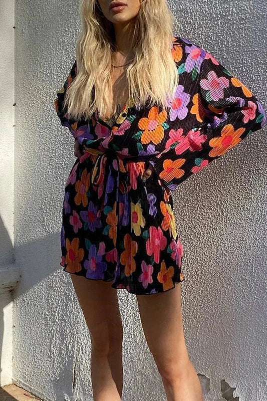V-Neck Lace-Up Mini Dress with Long Sleeves