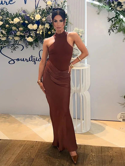 Satin Hollow Out Black Maxi Dress
