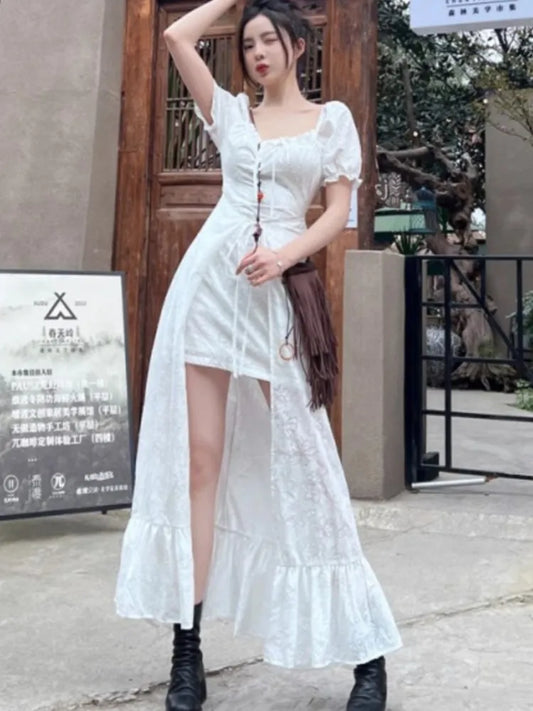 Y2K Long Dresses for Women Puff Sleeve Lace-up A-line Off Shoulder Club Party Dress Summer New Korean Chic One Piece Vestido