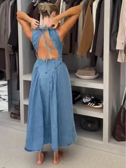 Denim Slim O-Neck Sleeveless High Waist Pleated Work Dress