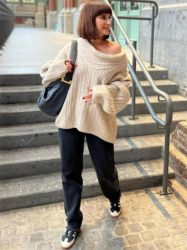 Knit Sweater Pullover For Women Loose Off-Shoulder Ribbed Long Sleeve Fashion Streetwear Knitwear Casual Autumn Sweater