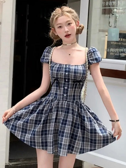 Y2K Plaid Short Dresses for Women Princess Birthday Party Dress Puff Sleeve Square Collar Bow Prom Summer Mini Vestidos Mujer