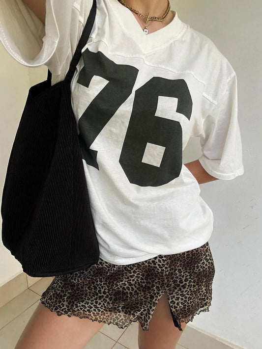 Digital Print Casual Loose White T Shirts For Women V Neck Short Sleeve Preppy Streetwear Summer Top Tees Football Jersey