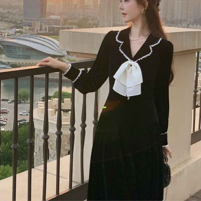 Elegant Vintage Lapel Midi Dresses for Women Bow Long Sleeve Birthday Party Dress A-line Autumn New Korean Fashion Vestido Mujer