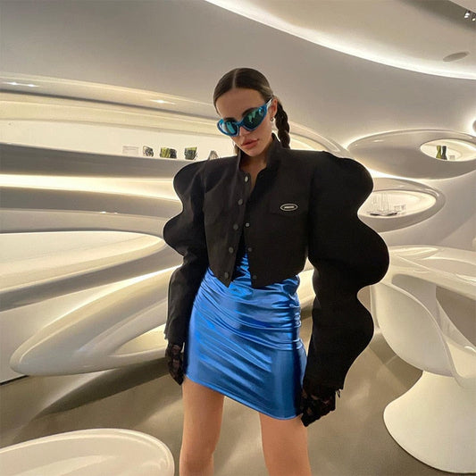 Streetwear Turtleneck Shirts For Long Sleeve Buttons Crop Tops Baggy Black Y2K Design Shirt Female