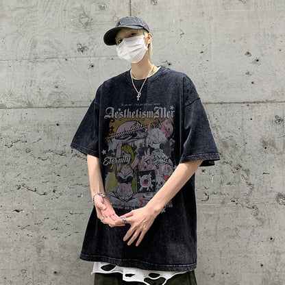 High Street  American Short Sleeve T-shirt Graffiti Loose Washed Trend Y2k Casual Top Tshirt Streetwear Cotton Tees
