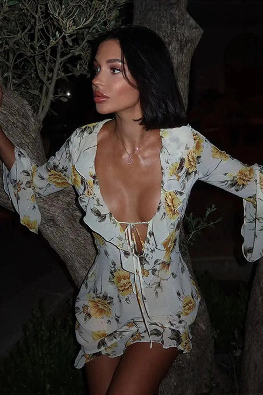 V-Neck Lace-Up Long Sleeve Mini Dress