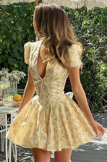 Floral Deep V Neck Mini Dress