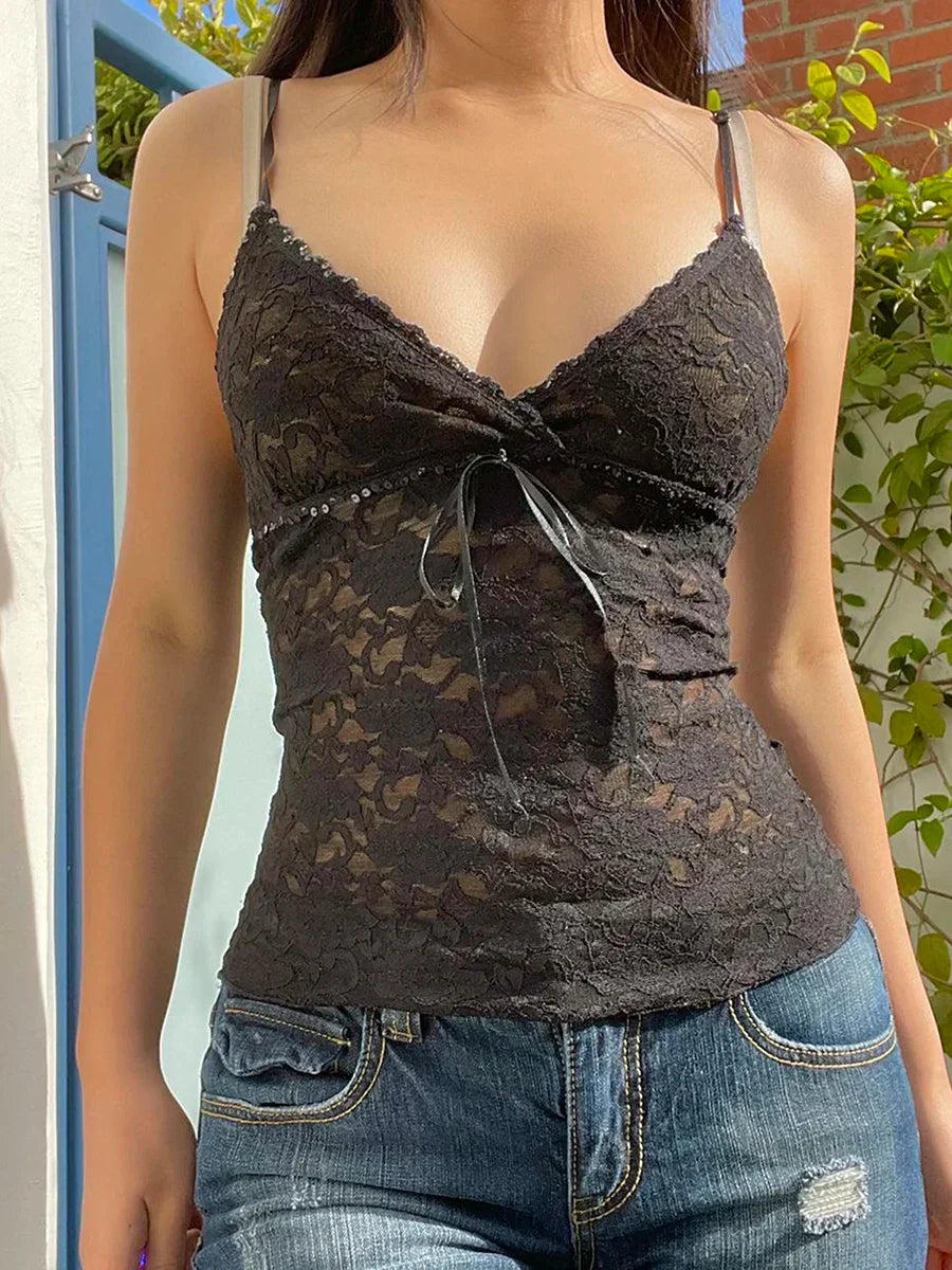 Black See Through Lace Cami Crop Tops Y2K Clothes Sleeveless V Neck Tanks Camis Aesthetic 2000s Gothic Tees