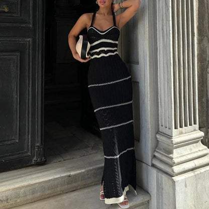High Street U Neck Striped Knit Dresses Ladies Sexy Hollow Out Spaghetti Tank Long Dress Fashion Women Slit Bodycon Party Dress