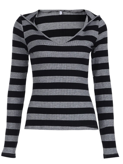 Black Dark Gray Stripe Hooded T-Shirt Women V Neck Slim Long Sleeve Basic Spring Autumn Ribbed Top Preppy Streetwear Tee