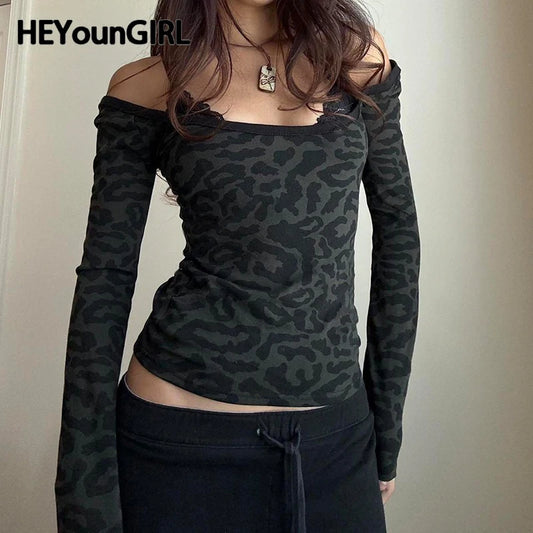 Vintage Animal Patterns Lace Strappy T-shirt Off Shoulder Sexy Fitted Cropped Top Y2K Long Sleeve Tee Street Outfits