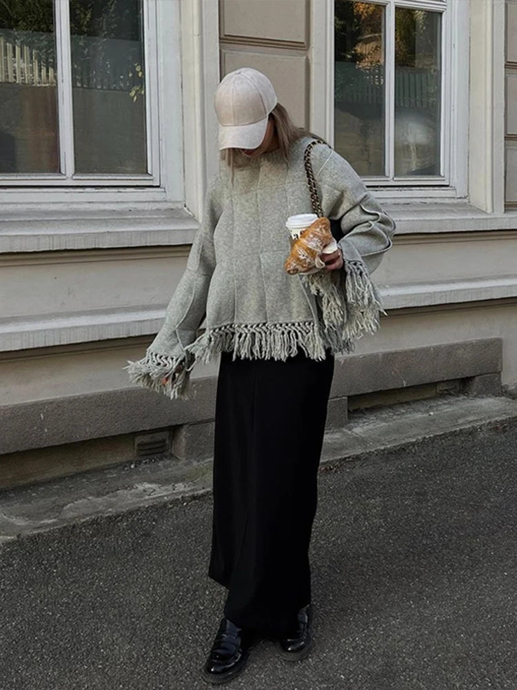 Vintage Solid Pleated Tassel Sweaters Women Casual Loose Knitted Pullover Sweater Female Autumn Chic Elegant High Street Tops