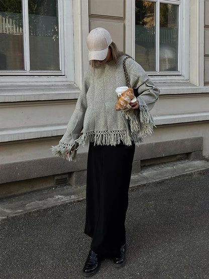 Vintage Solid Pleated Tassel Sweaters Women Casual Loose Knitted Pullover Sweater Female Autumn Chic Elegant High Street Tops