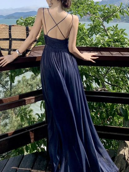 Summer New Spaghetti Strap Long Dresses for Women V-neck A-line Evening Party Dress Backless Prom Robe One Piece Vestido Mujer