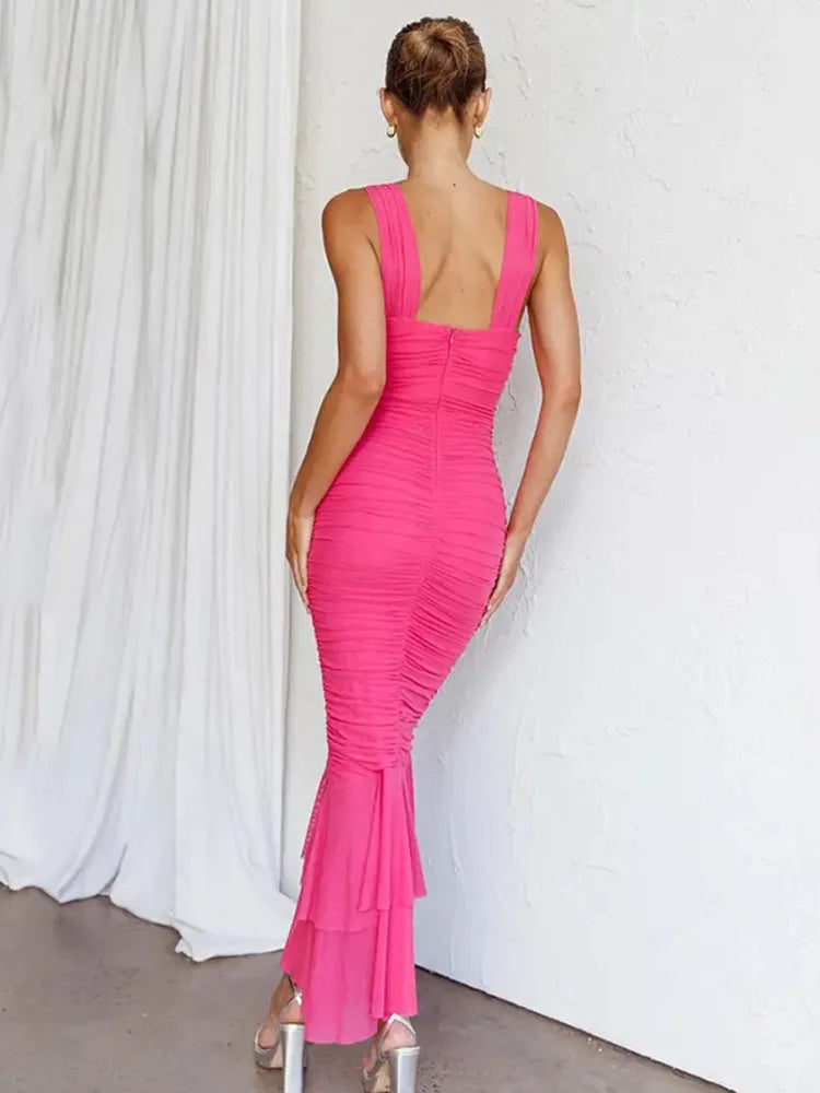 Hollow Out Backless Ruched Maxi Dress For Women Mesh Elegant Spaghetti Strap Sleeveless Bodycon Party Long Dress
