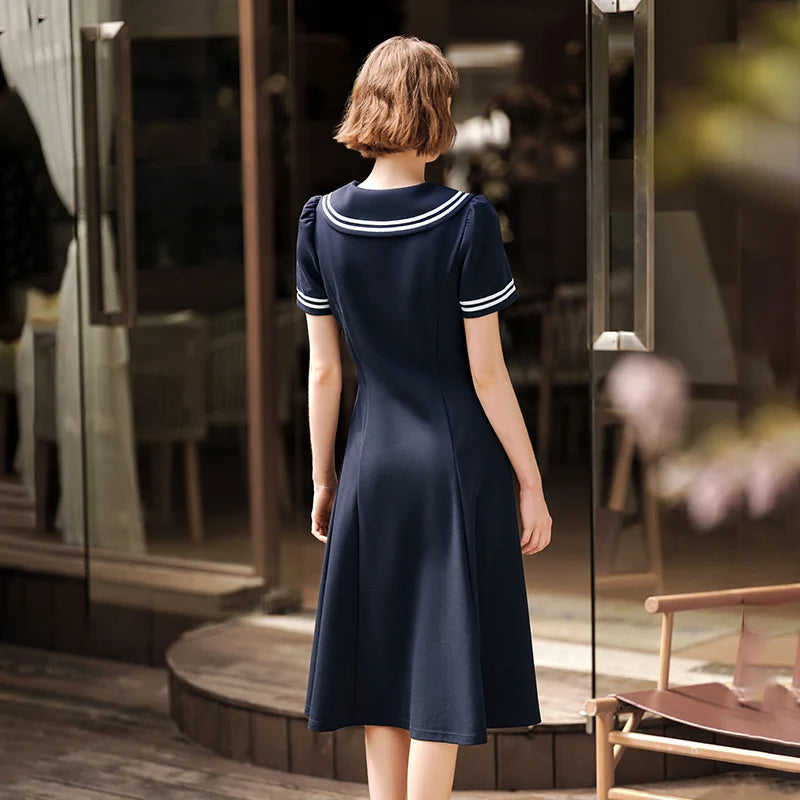Dress Women Navy Collar With A Collegiate And Artistic Style  Summer New White Moonlight Waist-Cinched Long Dress